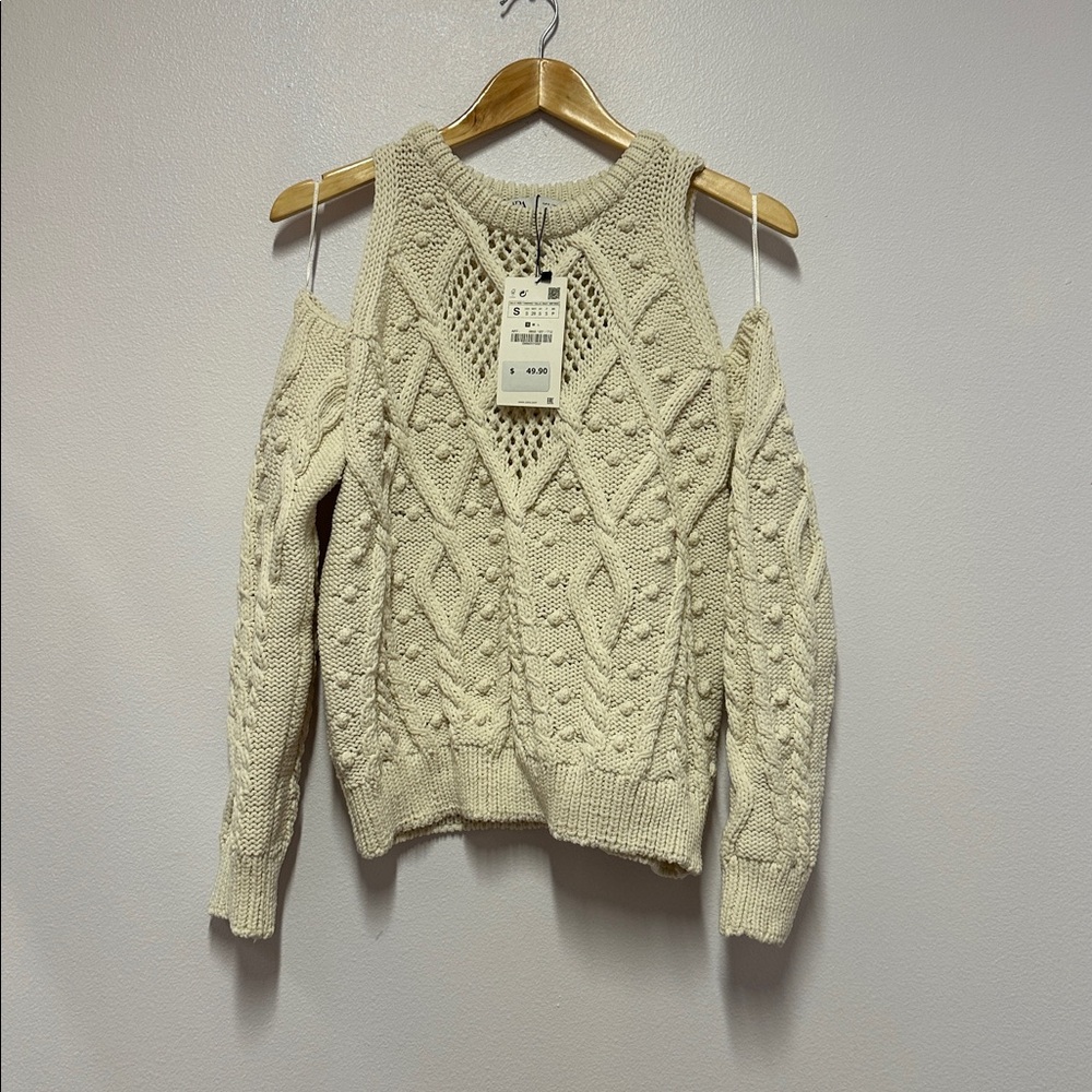 Zara chunky Cable Knit cold Shoulder Sweater in ecru beige small - Picture 5 of 7